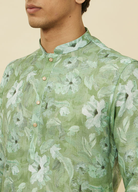 Manyavar Men Sage Green Floral Printed Kurta