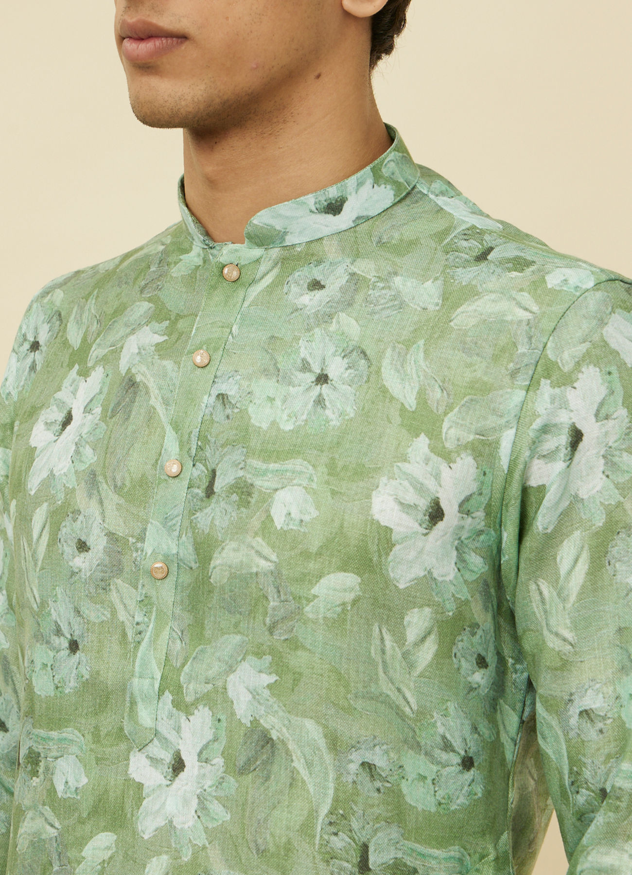 Manyavar Men Sage Green Floral Printed Kurta