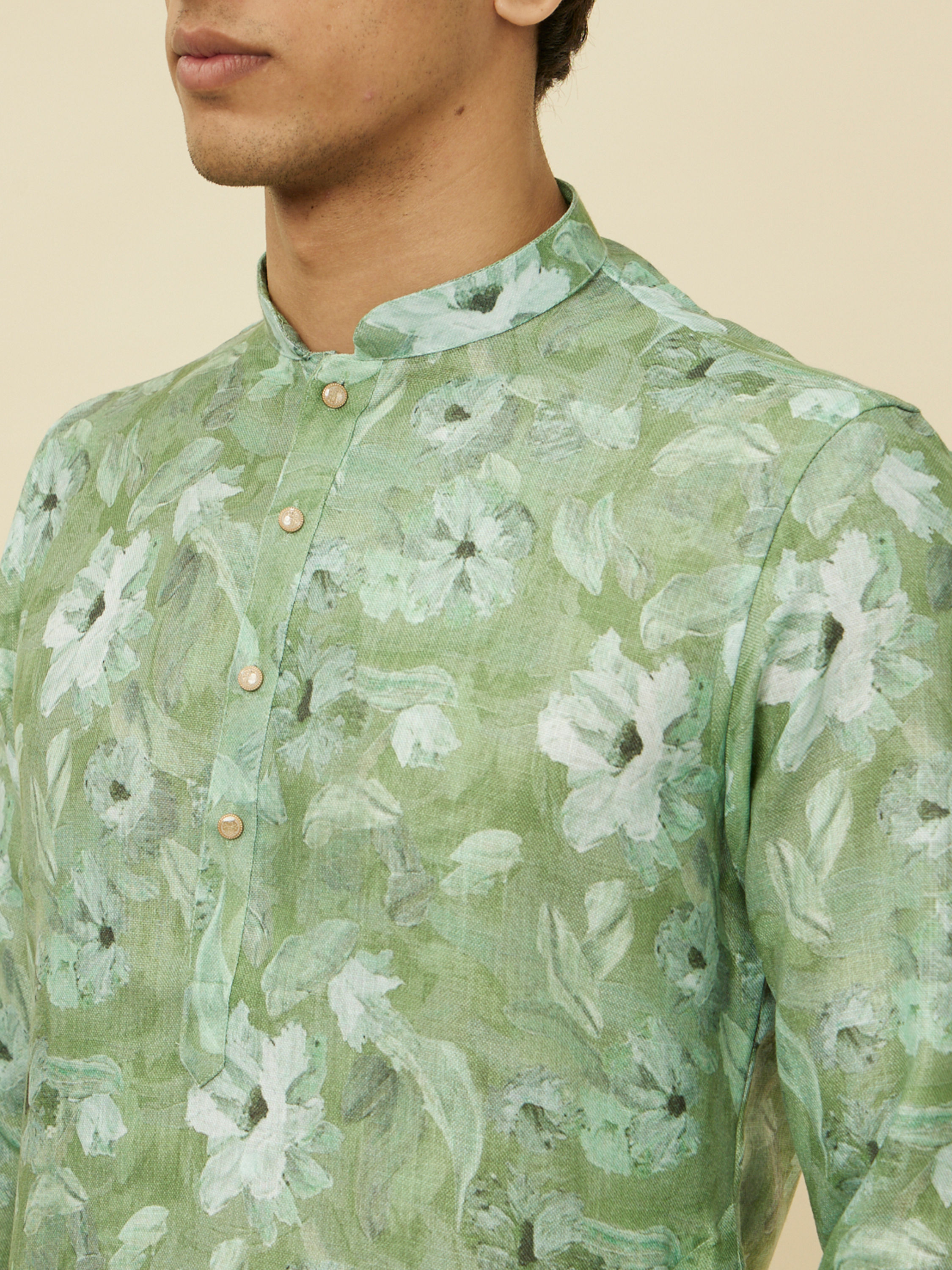 Manyavar Men Sage Green Floral Printed Kurta