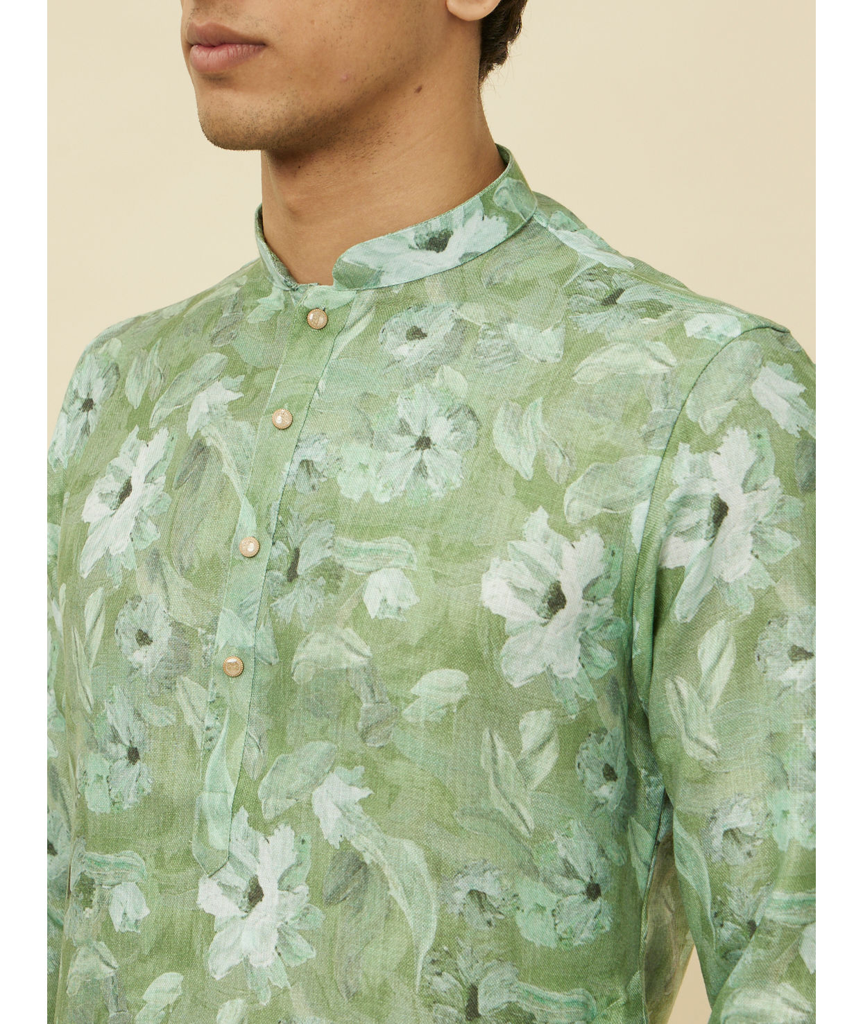 Manyavar Men Sage Green Floral Printed Kurta