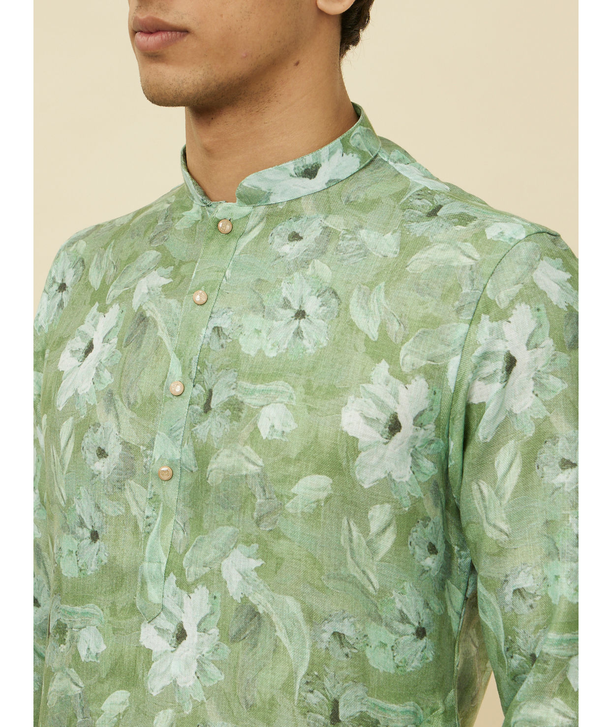 alt message - Manyavar Men Sage Green Floral Printed Kurta image number 1