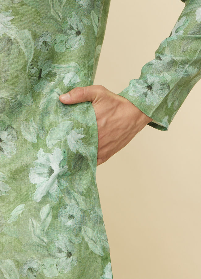 Manyavar Men Sage Green Floral Printed Kurta