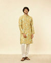 Manyavar Men Peach Yellow Floral Printed Kurta
