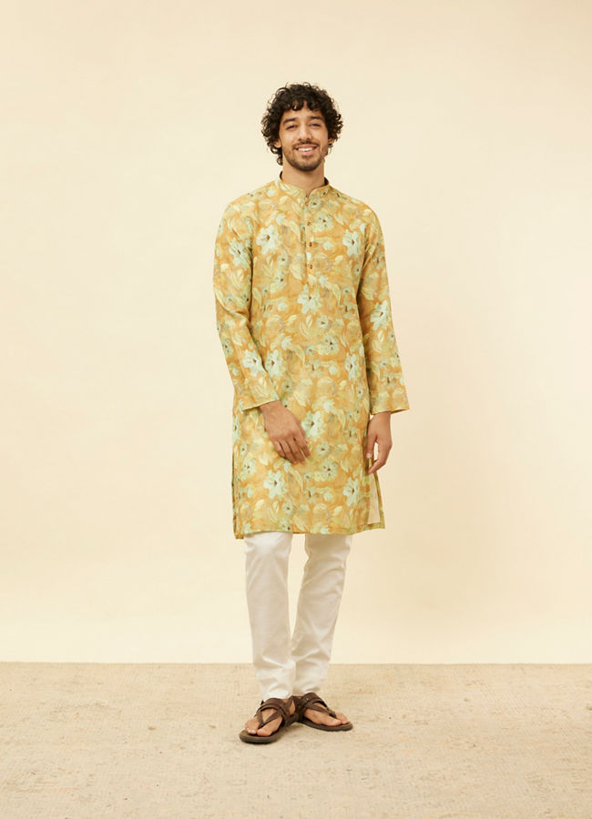 Manyavar Men Peach Yellow Floral Printed Kurta