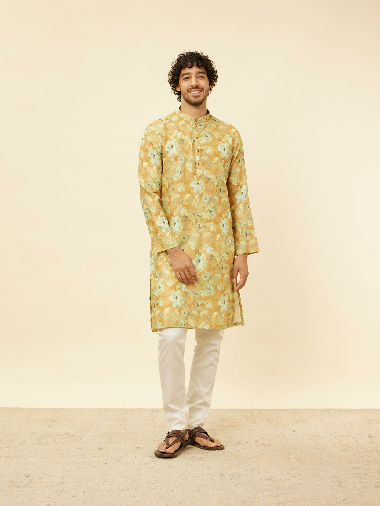 Manyavar Men Peach Yellow Floral Printed Kurta