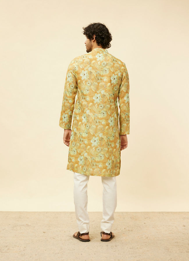Manyavar Men Peach Yellow Floral Printed Kurta
