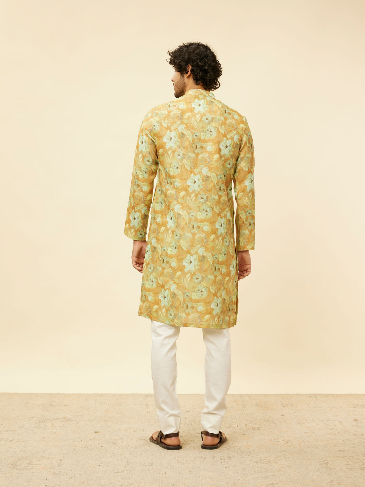 Manyavar Men Peach Yellow Floral Printed Kurta