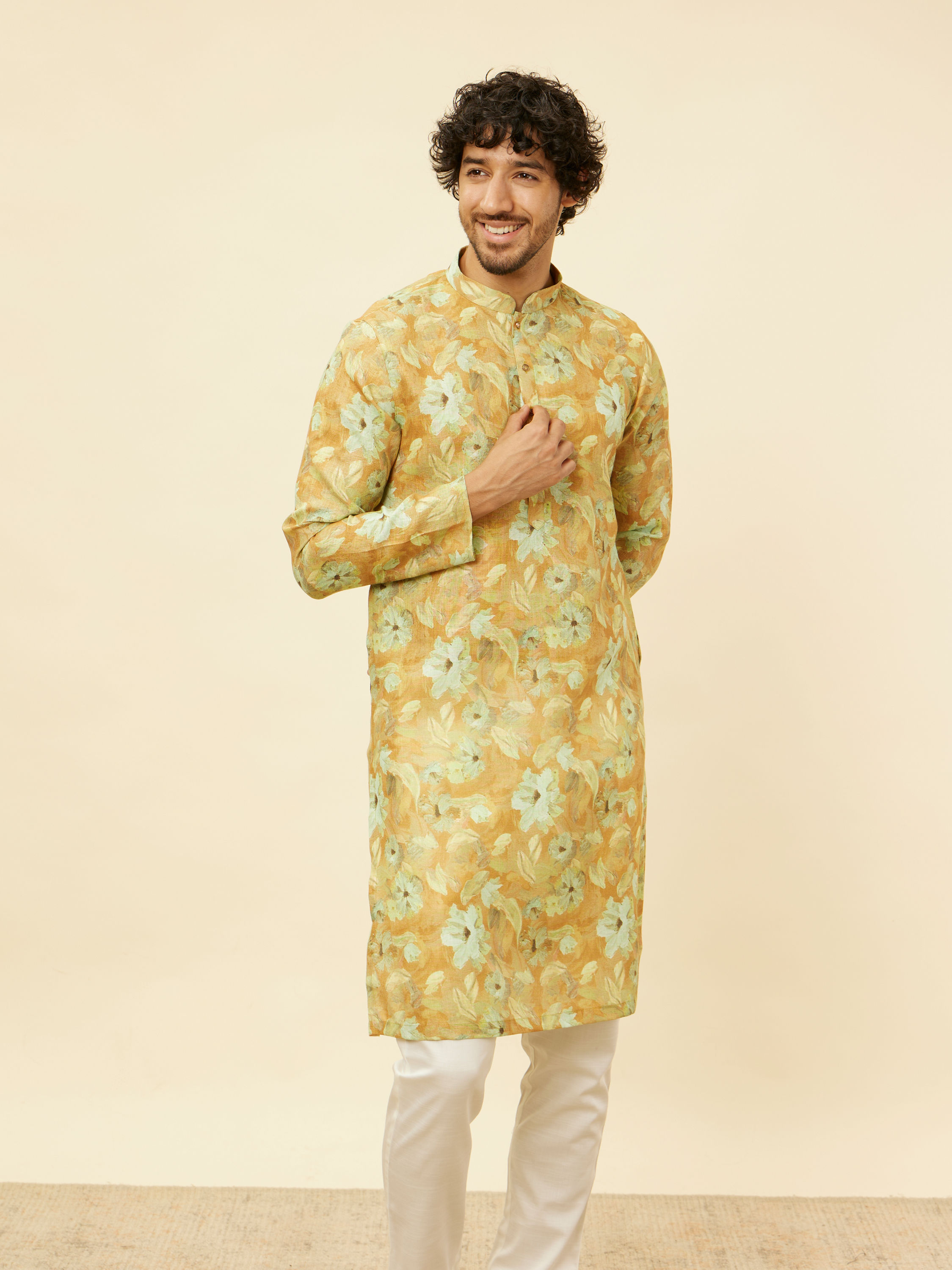 Manyavar Men Peach Yellow Floral Printed Kurta