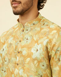 Manyavar Men Peach Yellow Floral Printed Kurta