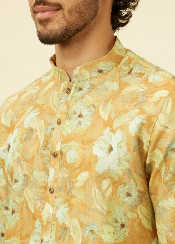 Manyavar Men Peach Yellow Floral Printed Kurta