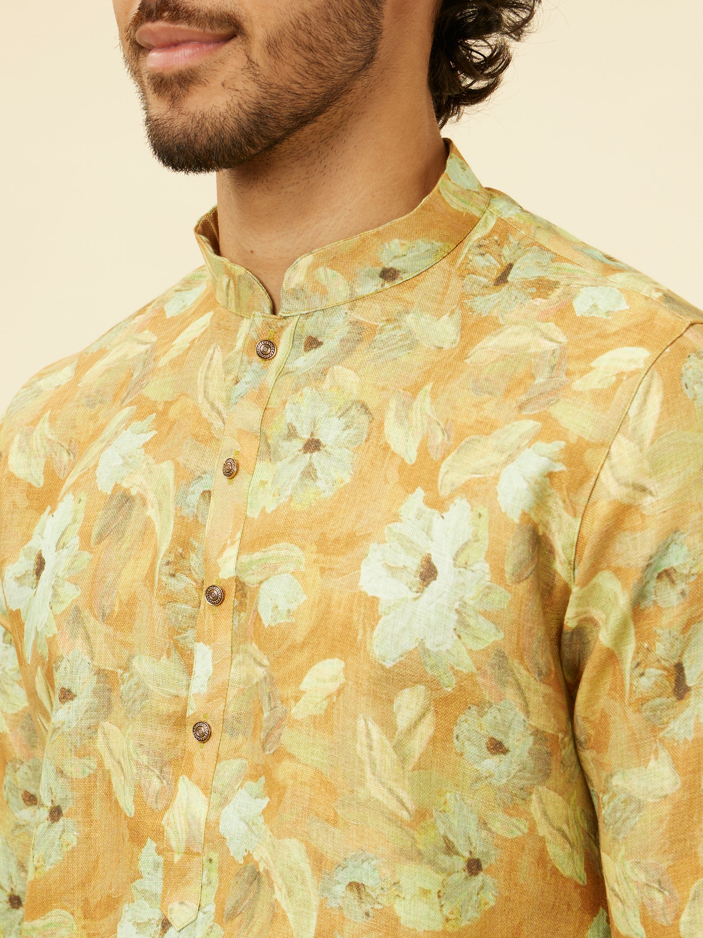 Manyavar Men Peach Yellow Floral Printed Kurta