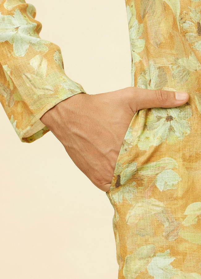 Manyavar Men Peach Yellow Floral Printed Kurta