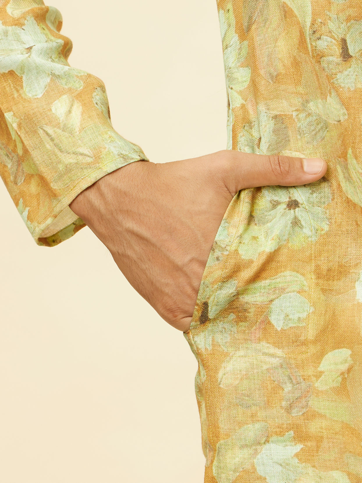 Manyavar Men Peach Yellow Floral Printed Kurta