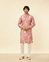 Manyavar Men Coral Pink Floral Printed Kurta