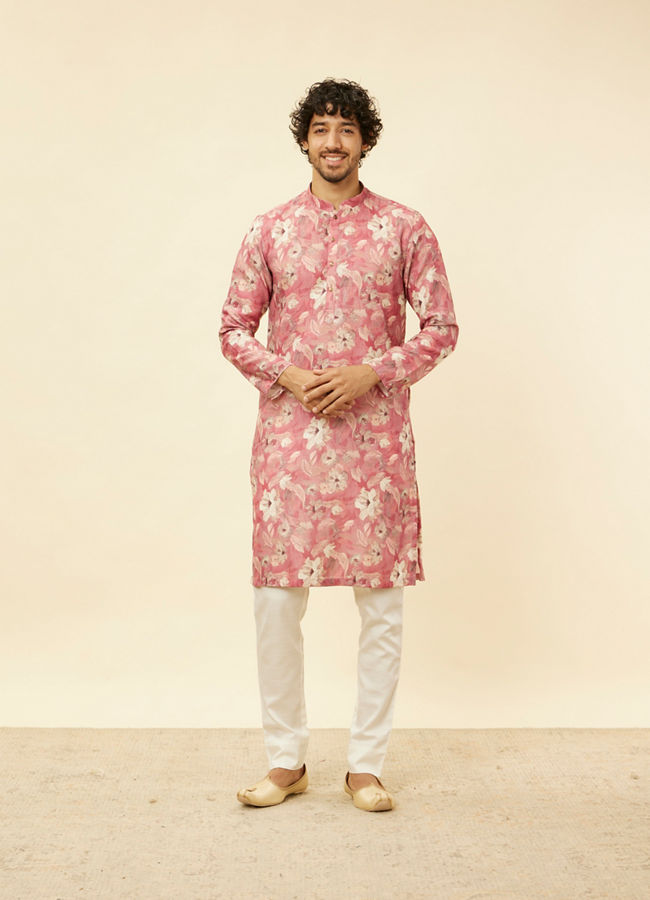 Manyavar Men Coral Pink Floral Printed Kurta