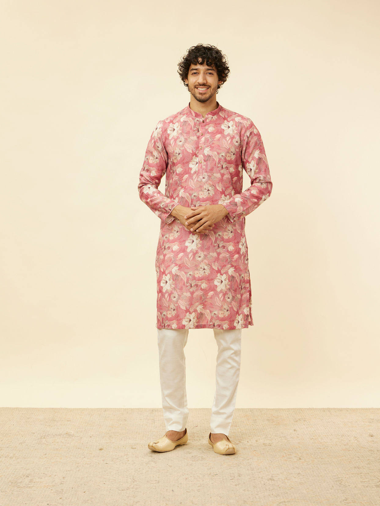 Manyavar Men Coral Pink Floral Printed Kurta