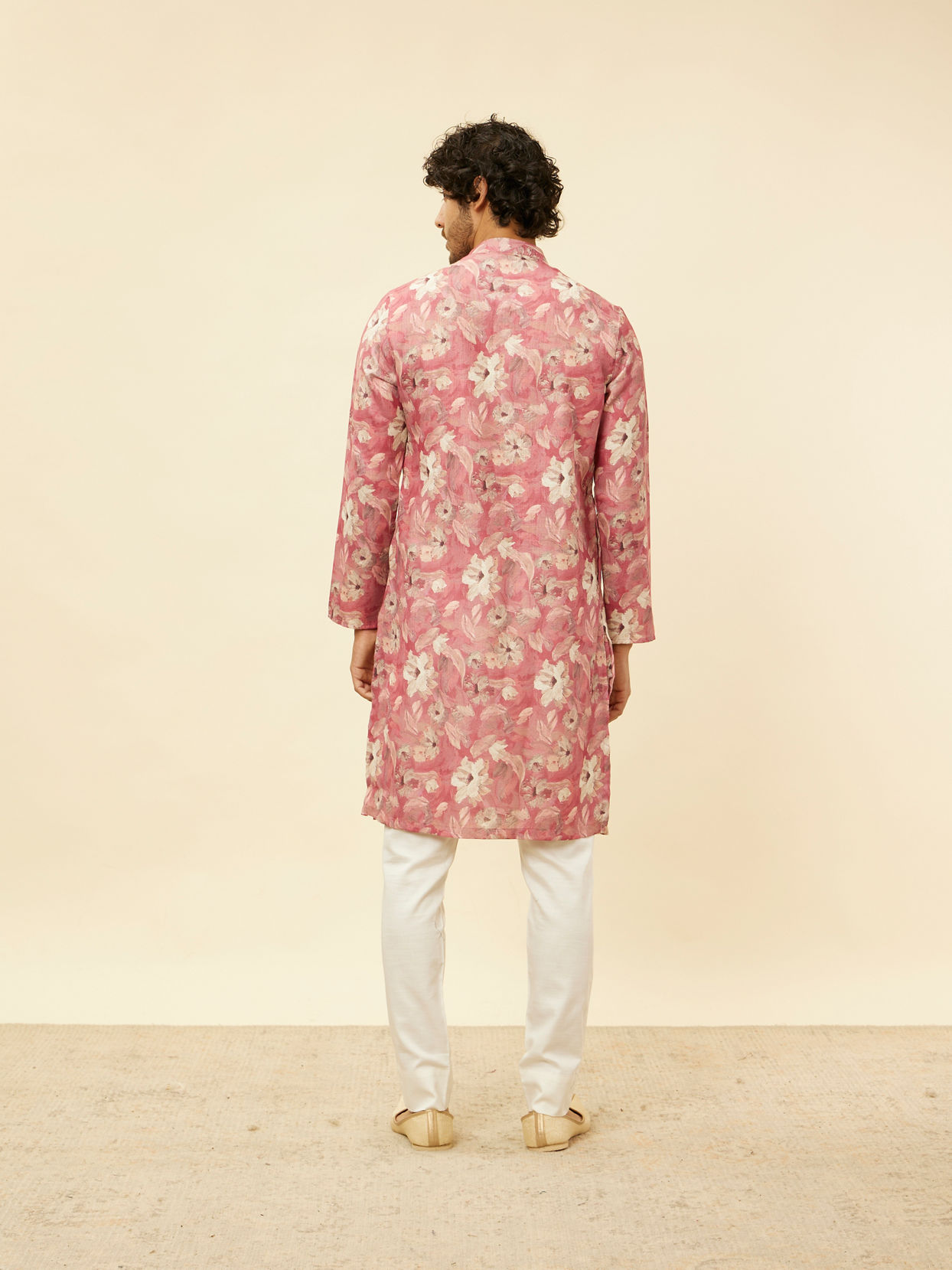 Manyavar Men Coral Pink Floral Printed Kurta