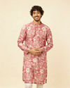 alt message - Manyavar Men Coral Pink Floral Printed Kurta image number 0