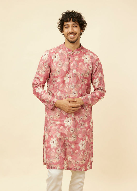 Manyavar Men Coral Pink Floral Printed Kurta