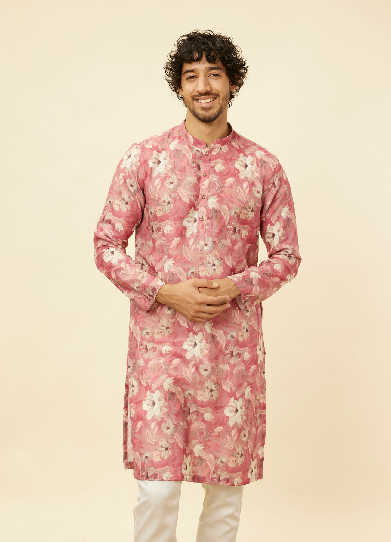 Manyavar Men Coral Pink Floral Printed Kurta