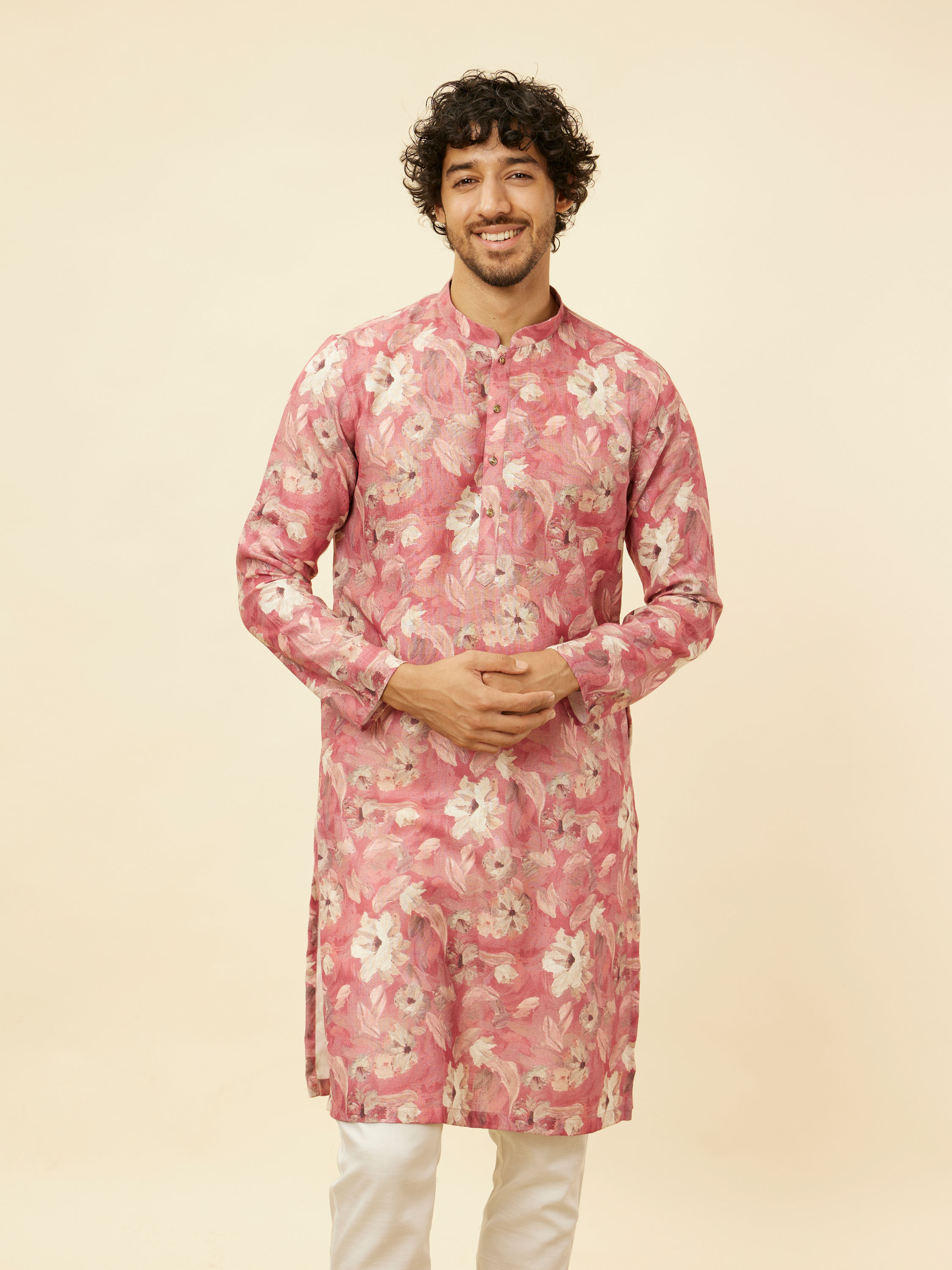 Manyavar Men Coral Pink Floral Printed Kurta