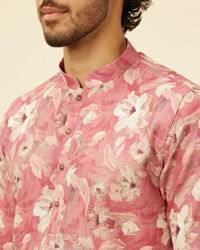 Manyavar Men Coral Pink Floral Printed Kurta