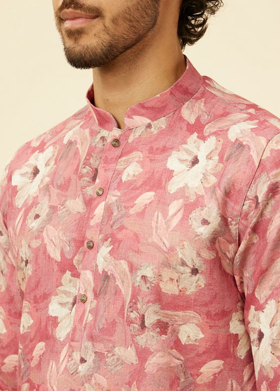 Manyavar Men Coral Pink Floral Printed Kurta