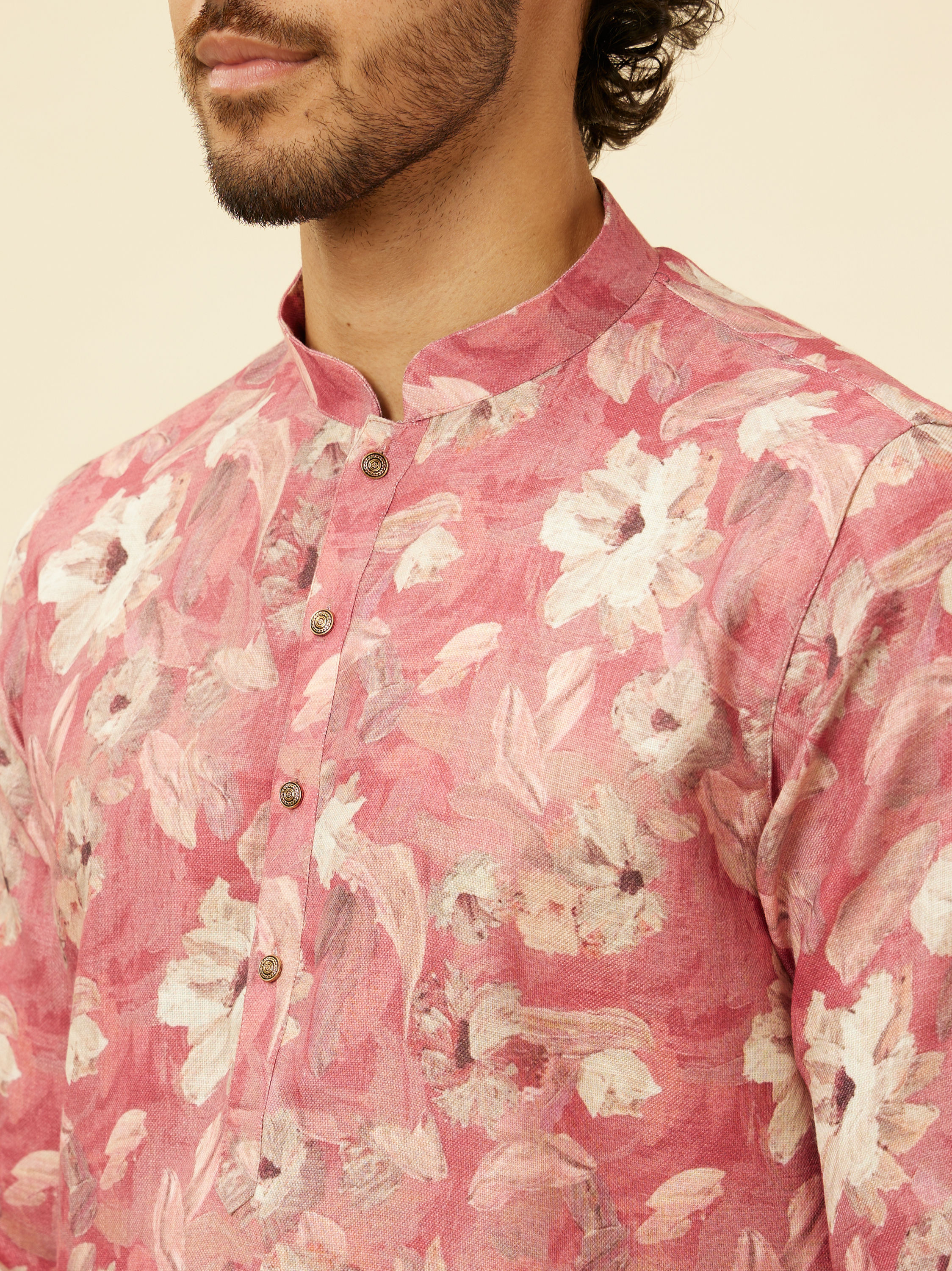 Manyavar Men Coral Pink Floral Printed Kurta