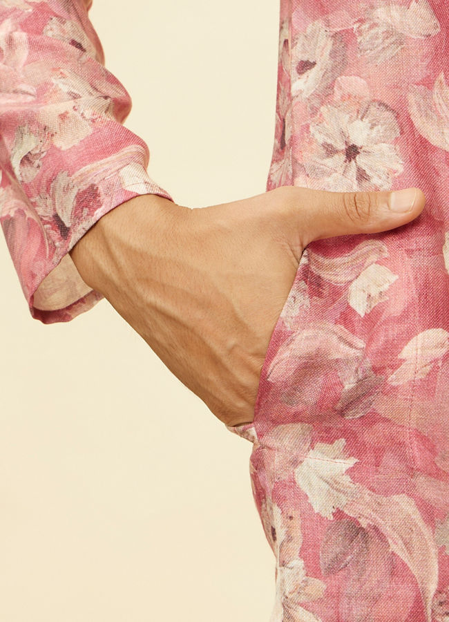 Manyavar Men Coral Pink Floral Printed Kurta