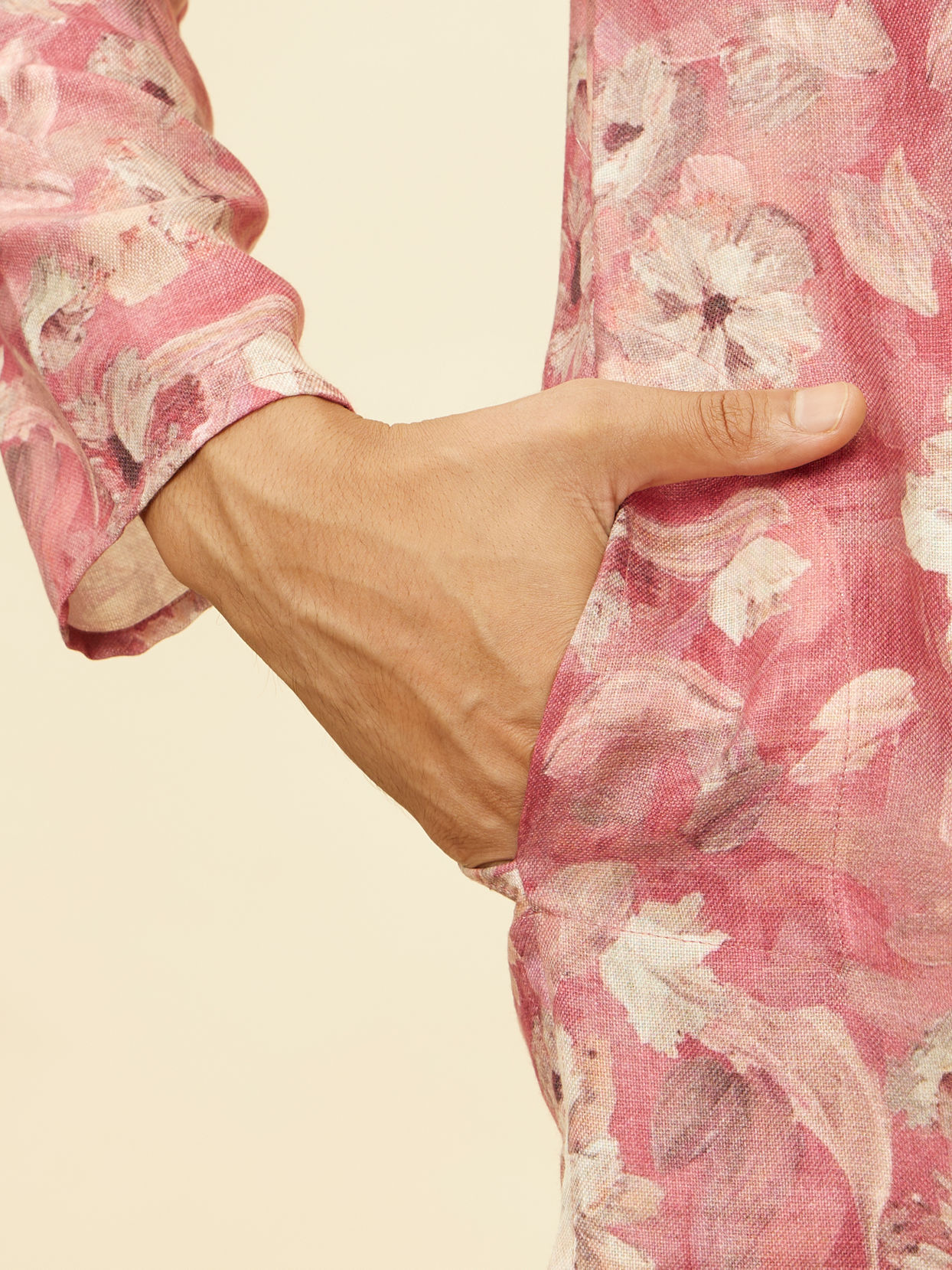 Manyavar Men Coral Pink Floral Printed Kurta