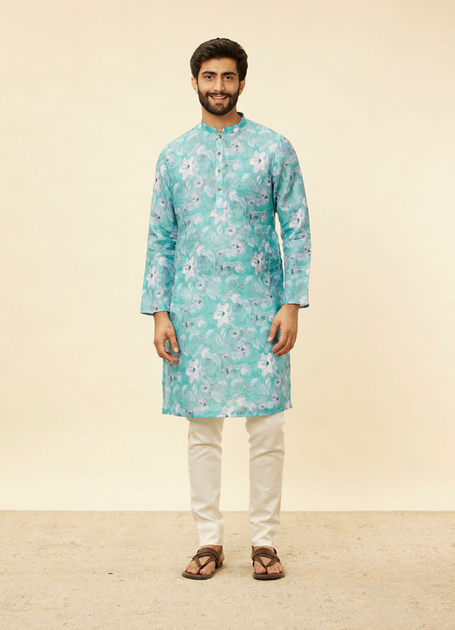 Manyavar Men French Rose Pink Floral Printed Kurta