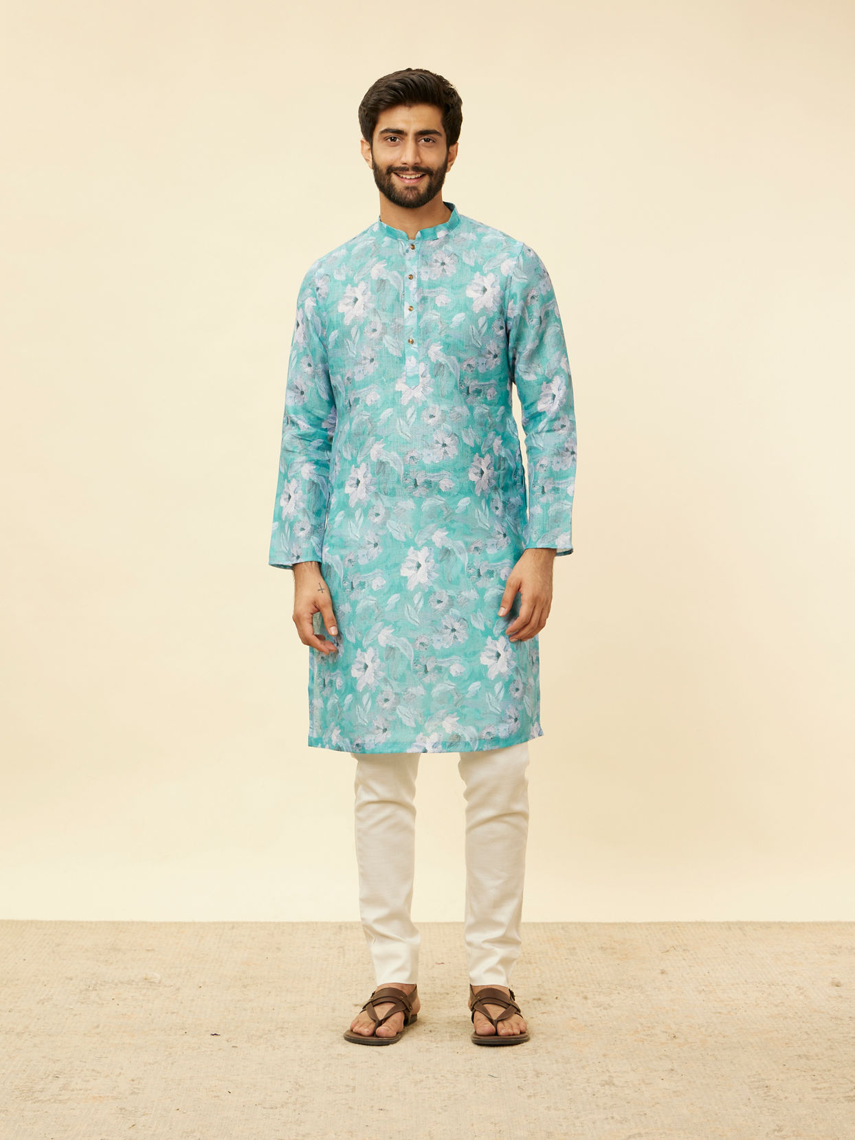 Manyavar Men French Rose Pink Floral Printed Kurta