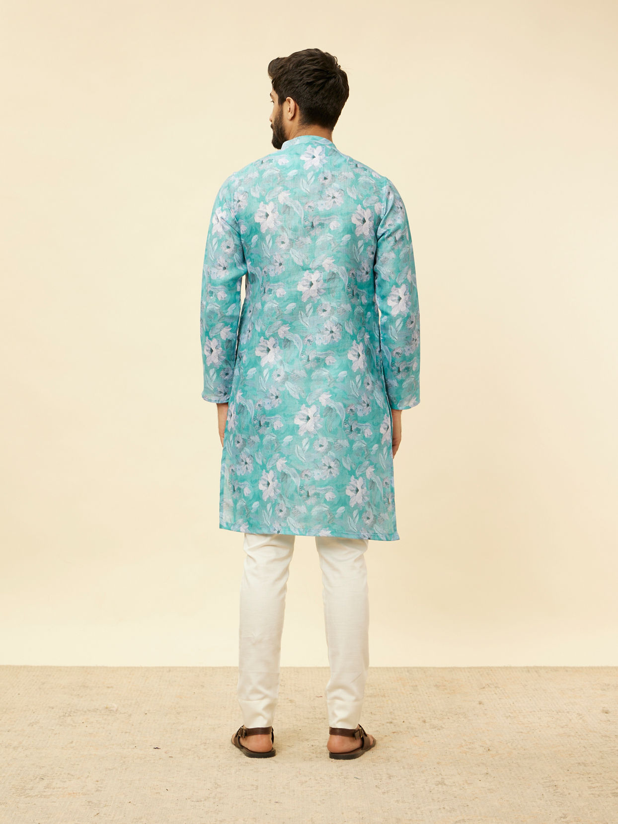 Manyavar Men French Rose Pink Floral Printed Kurta