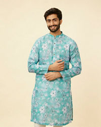 Manyavar Men French Rose Pink Floral Printed Kurta