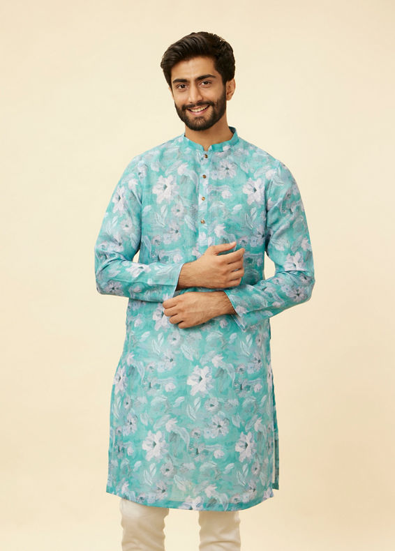 Manyavar Men French Rose Pink Floral Printed Kurta