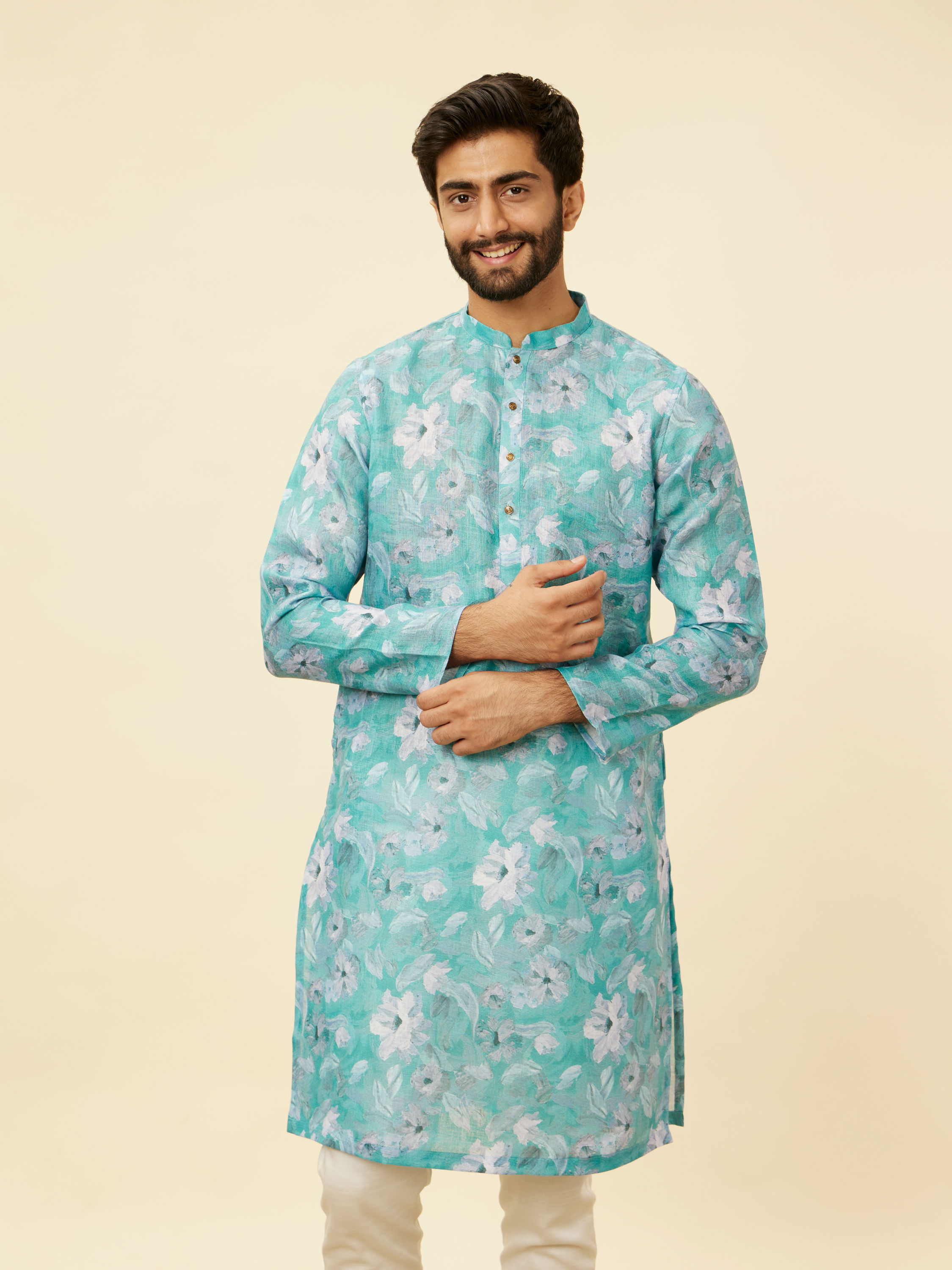 Manyavar Men French Rose Pink Floral Printed Kurta