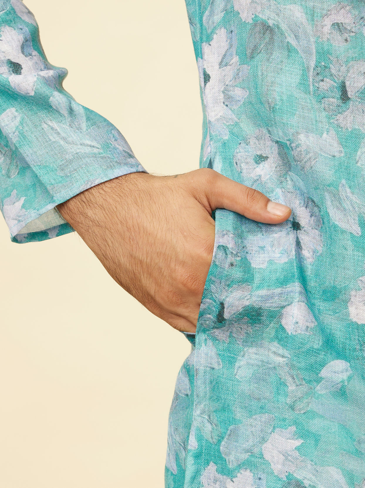 Manyavar Men French Rose Pink Floral Printed Kurta