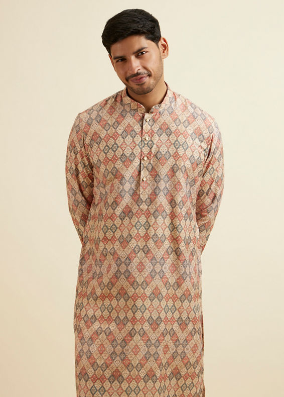 Manyavar Men Beige Harlequin Print Kurta