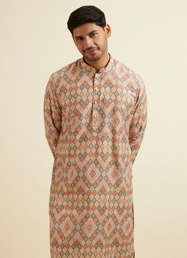 alt message - Manyavar Men Beige Harlequin Print Kurta image number 0