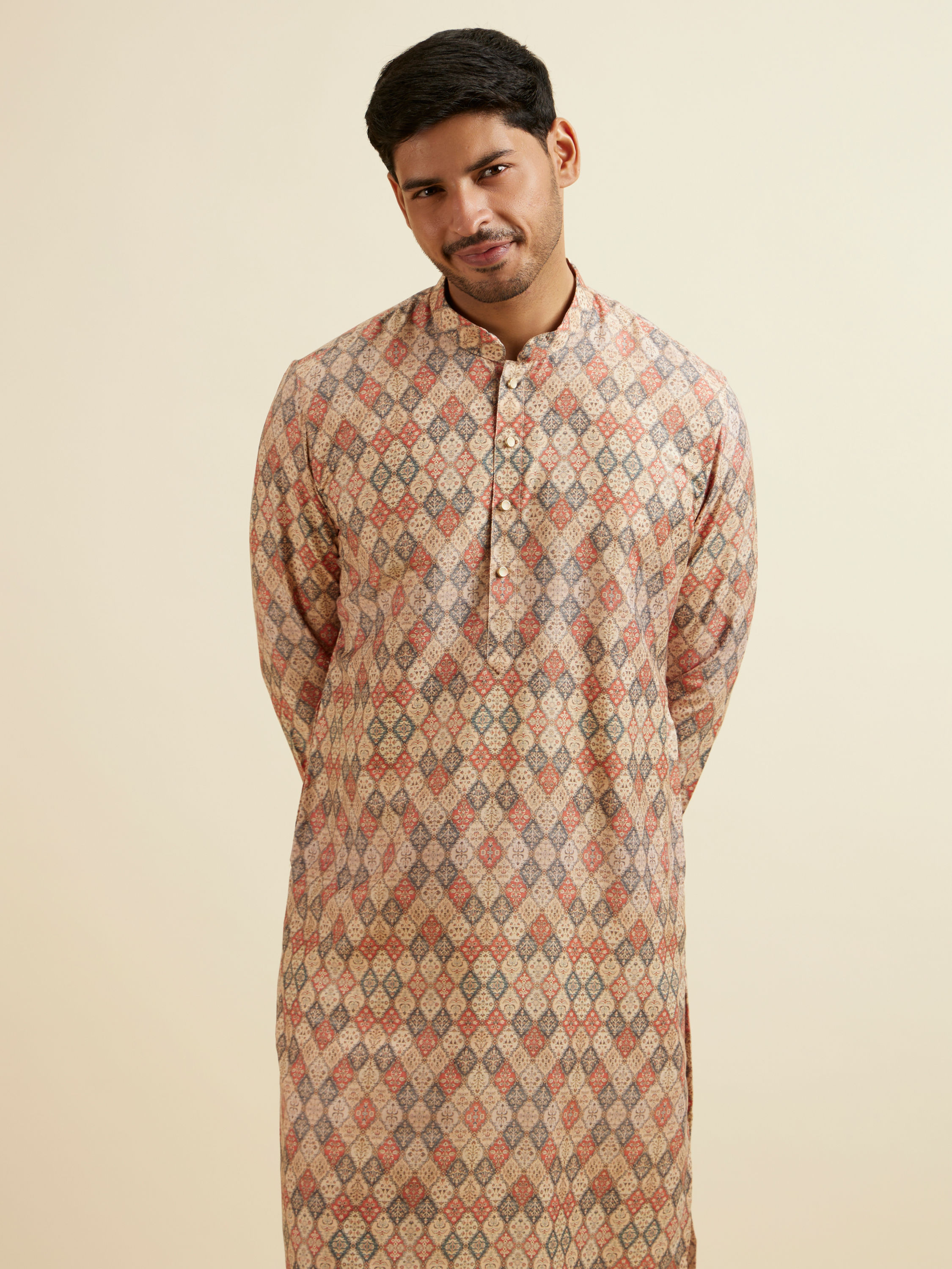 Manyavar Men Beige Harlequin Print Kurta