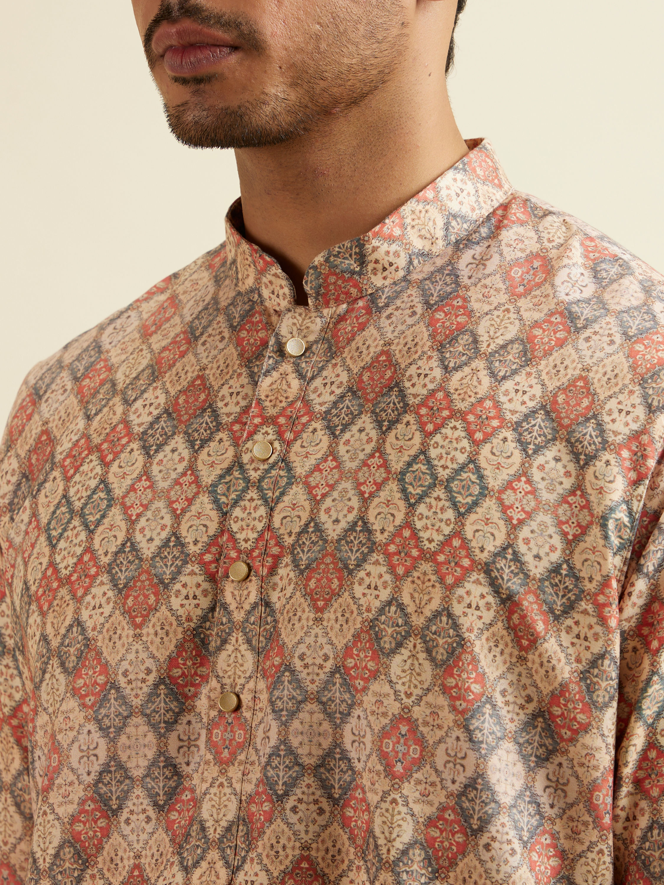 Manyavar Men Beige Harlequin Print Kurta