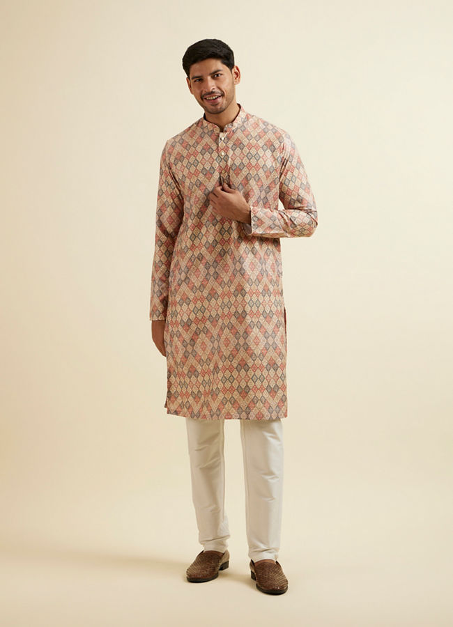 alt message - Manyavar Men Beige Harlequin Print Kurta image number 2