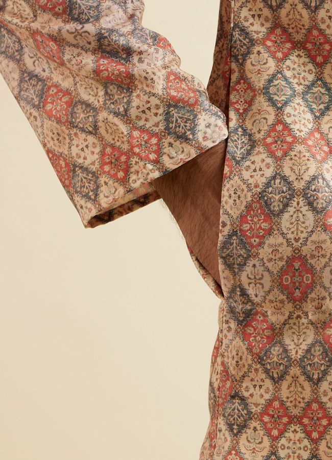 Manyavar Men Beige Harlequin Print Kurta