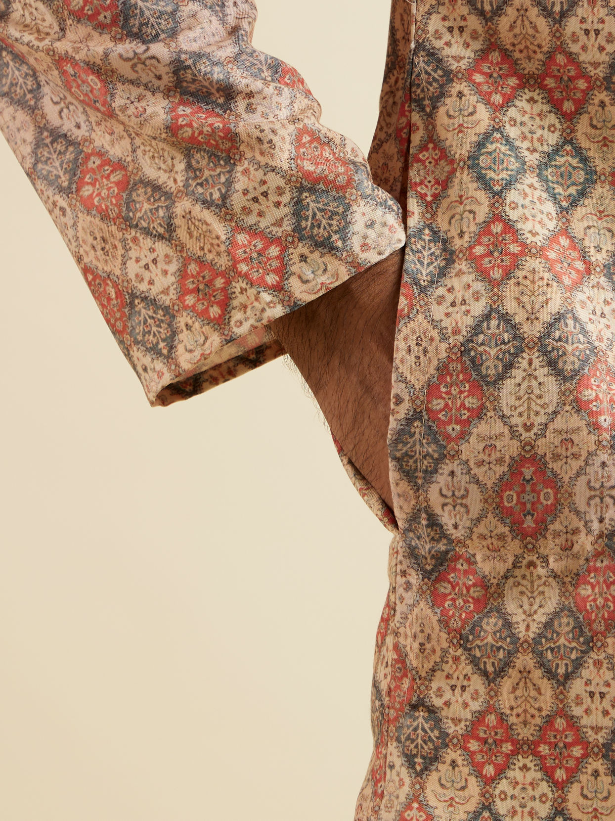 Manyavar Men Beige Harlequin Print Kurta
