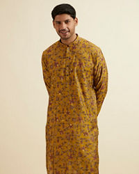 Manyavar Men Mustard Yellow Bel Buti Printed Kurta