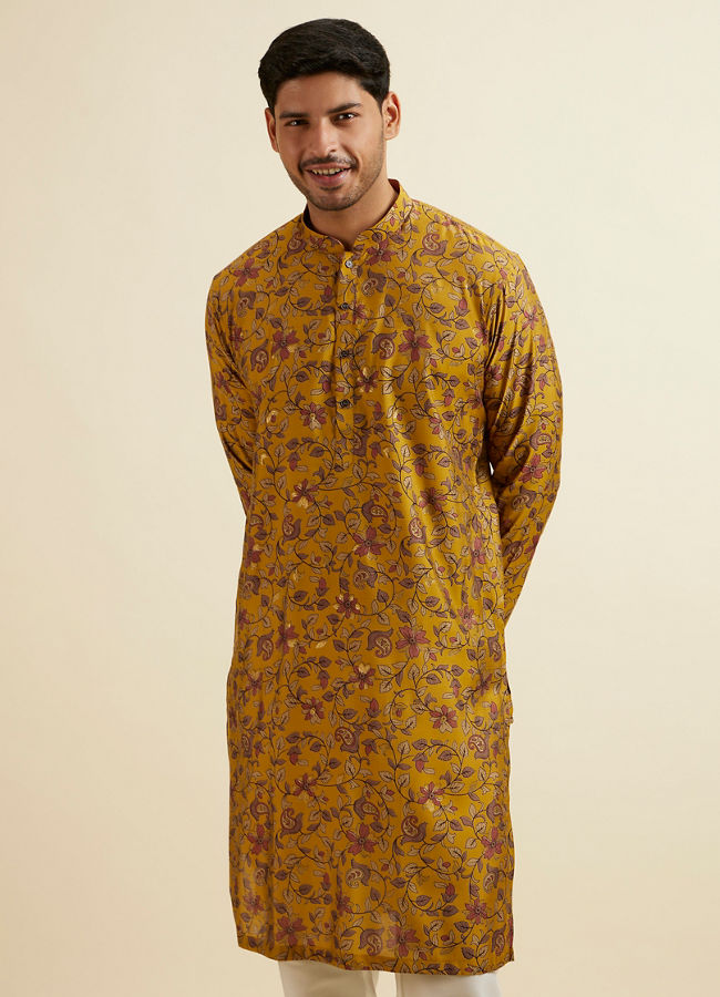 alt message - Manyavar Men Mustard Yellow Bel Buti Printed Kurta image number 0