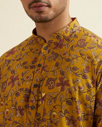 Manyavar Men Mustard Yellow Bel Buti Printed Kurta