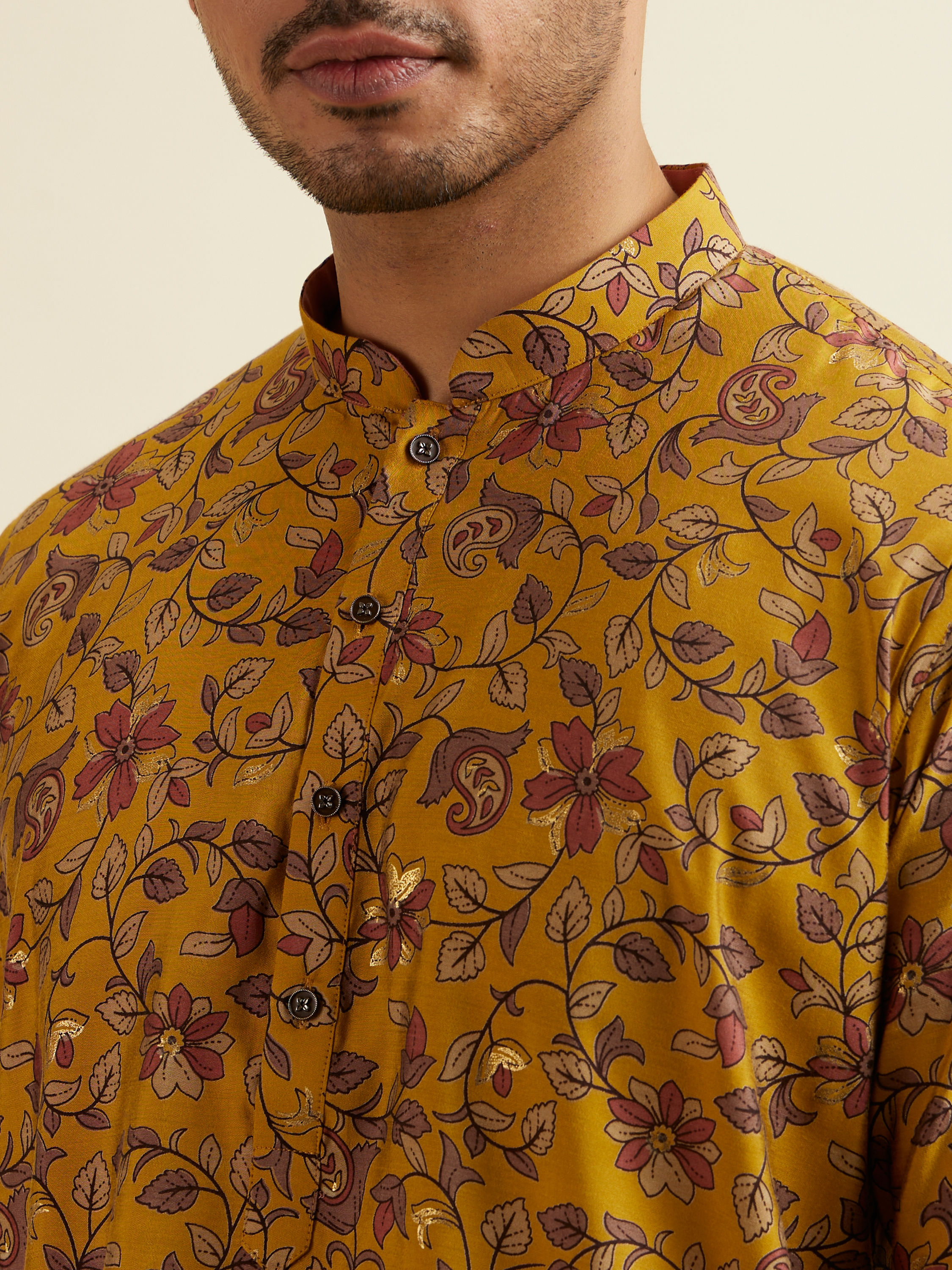 Manyavar Men Mustard Yellow Bel Buti Printed Kurta