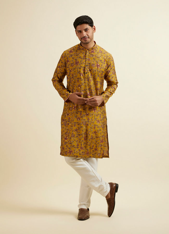Manyavar Men Mustard Yellow Bel Buti Printed Kurta