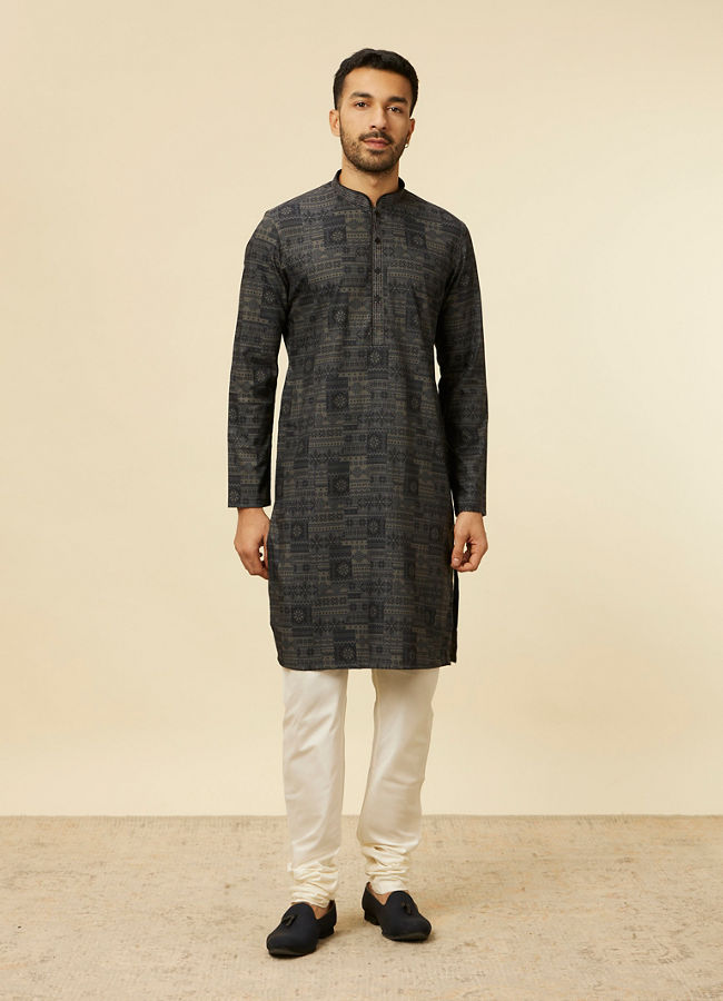 Manyavar Men Dark Grey Aztec Printed Kurta